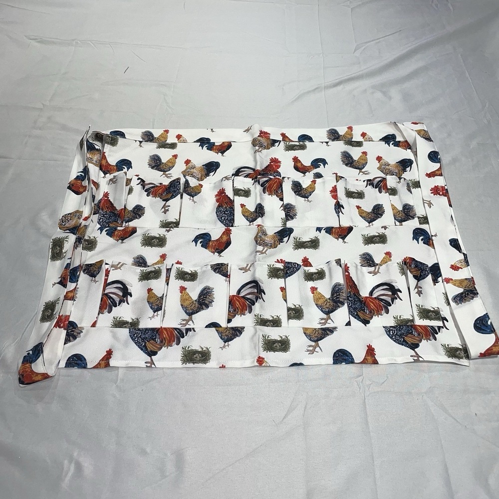 Rooster Print Egg Gathering Apron Farmhouse Multi Pocket Chicken Egg Apron White